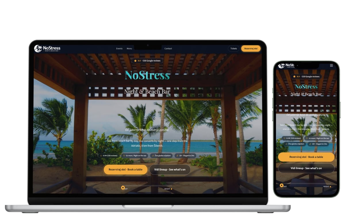 Responsive website design showing NuStress resort homepage on laptop and mobile phone screens with beach and palm tree imagery
