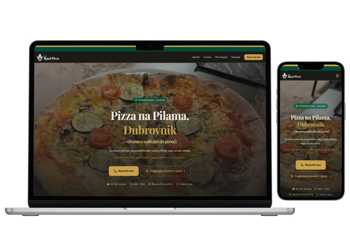 Responsive website design for Pizza na Pilana Dubrovnik restaurant displayed on laptop and mobile phone screens