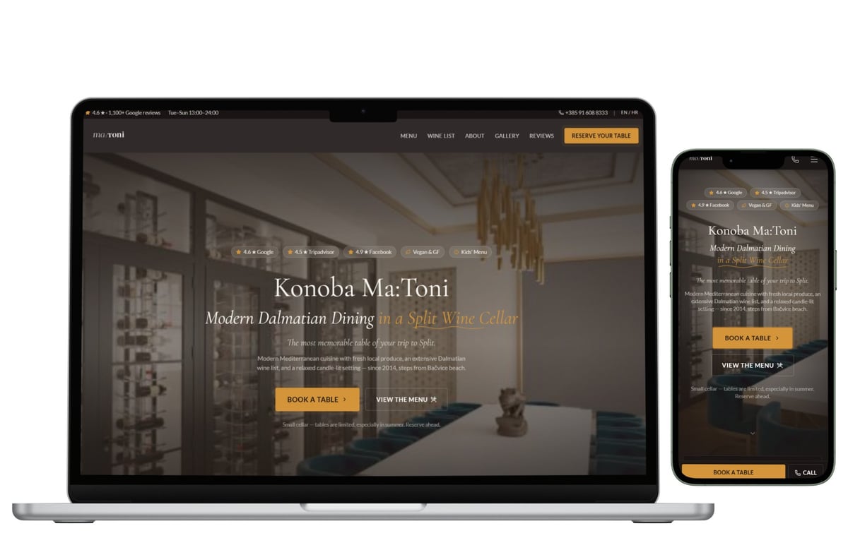 Website design for Konoby MacToni modern dalmatian dining shown on laptop and mobile phone screens